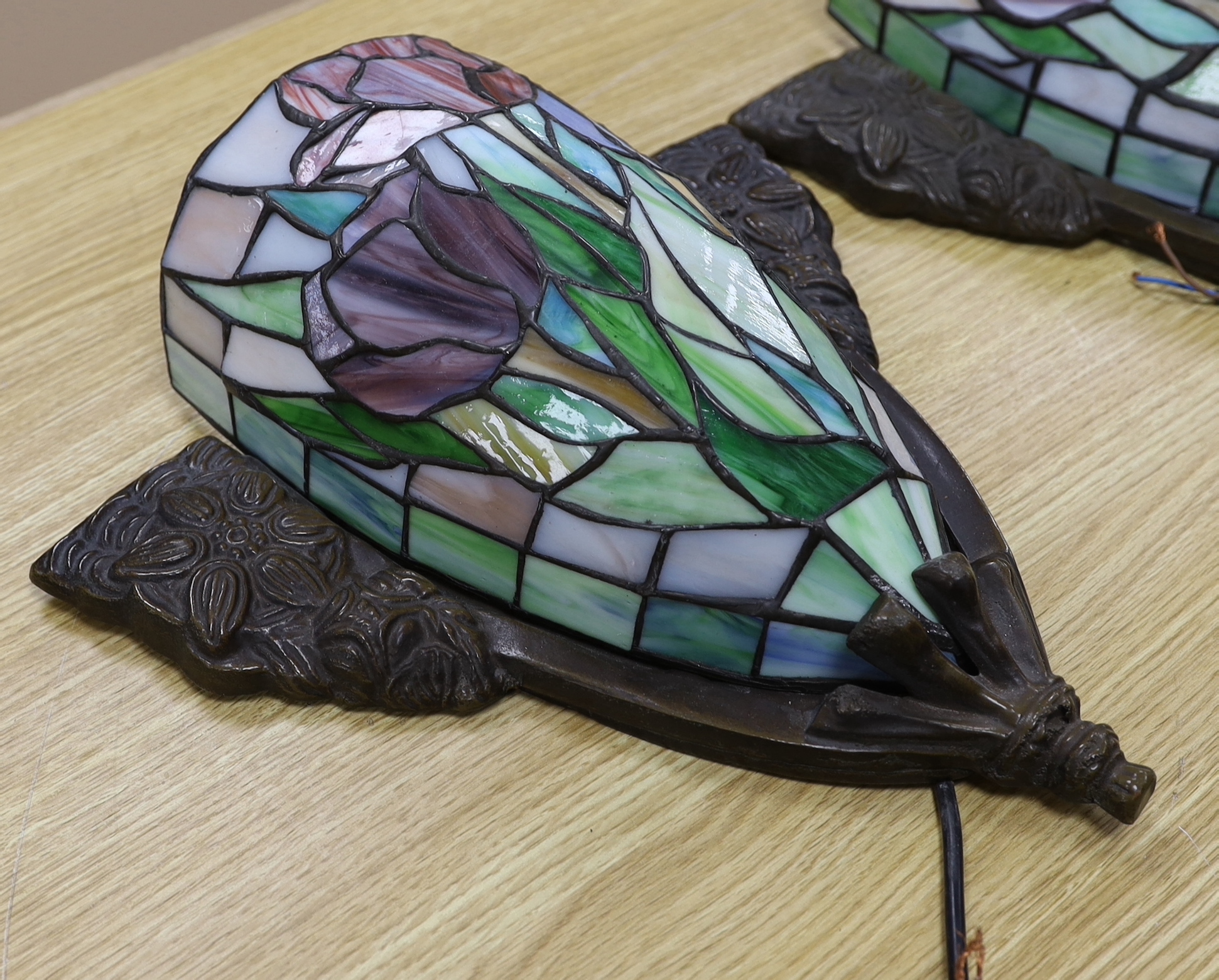 A pair of leaded glass Tiffany style wall lights, 34 x 34cm